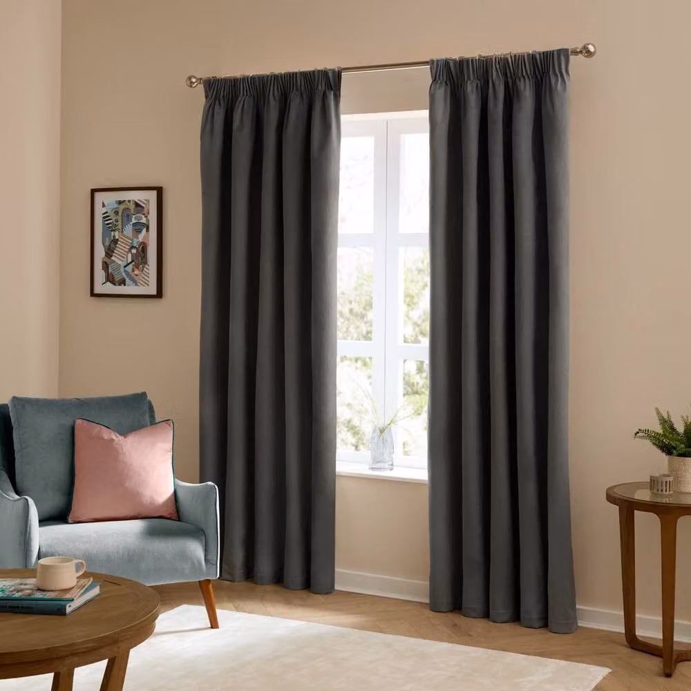 Furn Charcoal Velvet Room Darkening Pencil Pleat Curtain Pair, Width: 117 cm, Drop: 137 cm – 2