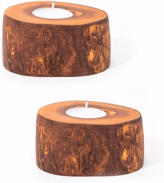 Verano Spanish Ceramics Set of 2 Rustic Brown Olive Wood Tea Light Holders