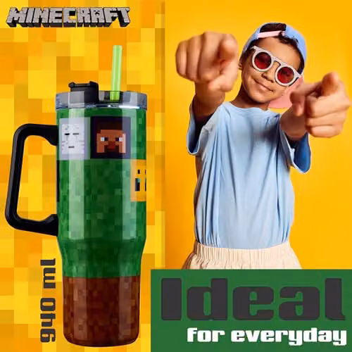 Minecraft Insulated Travel Mug with Straw and Handle, 940ml, Multicolour – 3