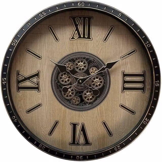 Minster Art Deco Round Wall Gear Clock in Brown Metal, Diameter: 64 cm – 1