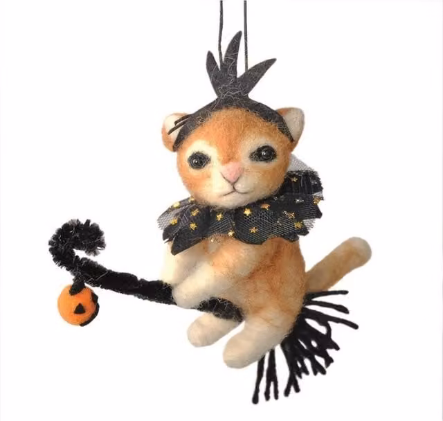 KDMD Brown Felt Ginger Cat on a Broomstick Hanging Decoration, Height: 15.5 cm