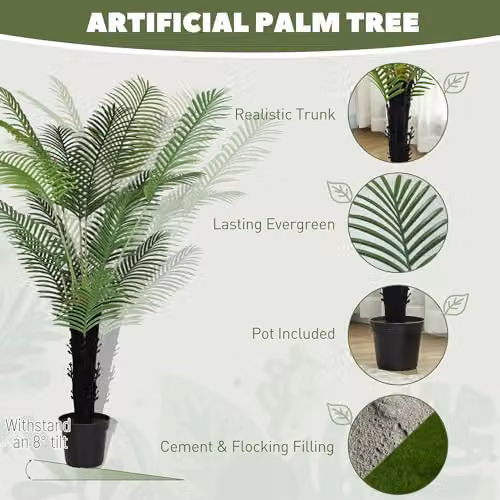 HOMCOM 175 cm Artificial Areca Palm Tree in Green with Plastic Pot – 3