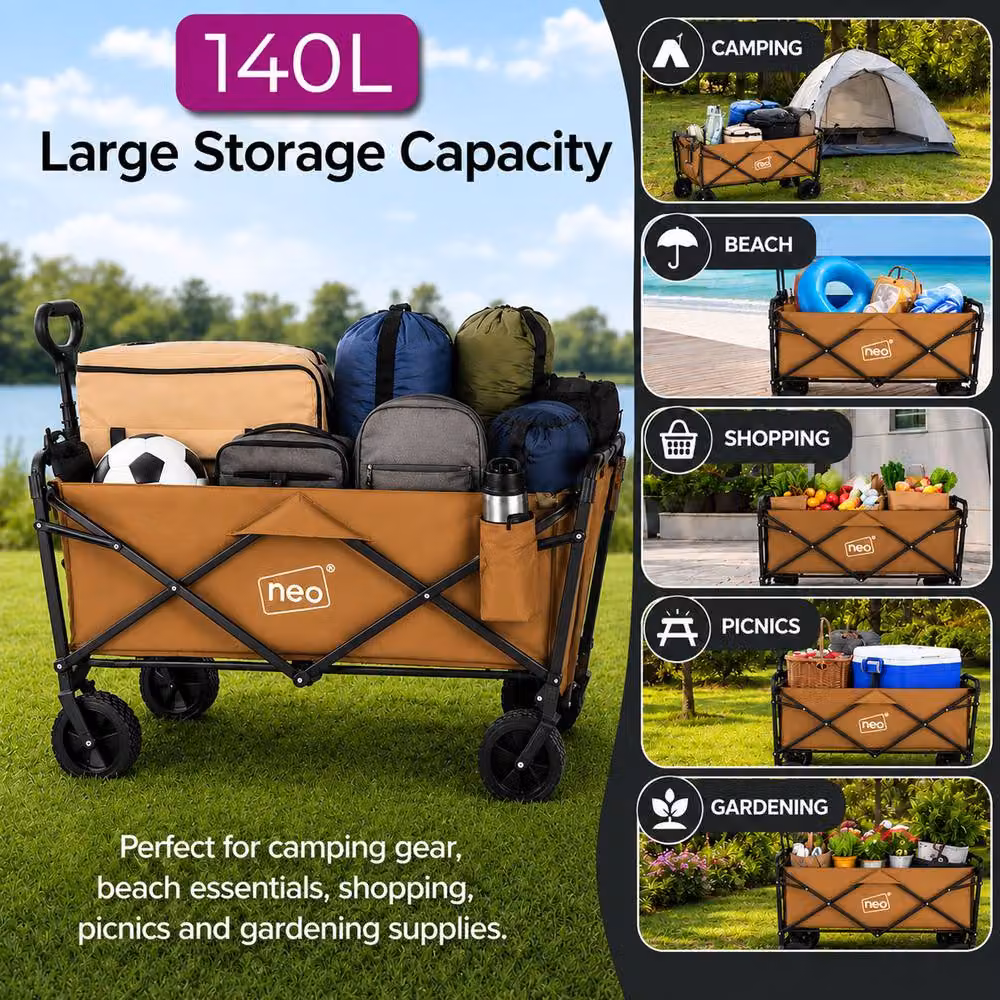 Neo Folding Garden Wagon Cart in Beige with 138L Capacity and 120kg Load Limit – 2