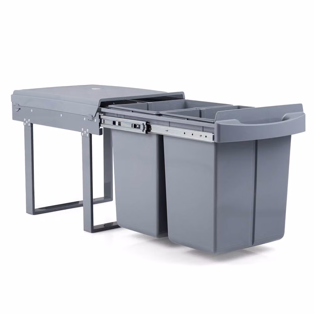 Gymax 40L Under Sink Pull-Out Waste Bin with 2 Removable Bins and Flip Lid, Grey – 6