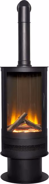 Acantha Fires & Fireplaces Orbit Cylinder Electric Stove in Black with Tall Angled Stove Pipe in Black