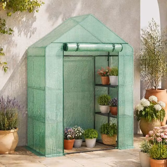 STILVORA Green Steel Greenhouse with 4 Shelves and PE Cover, H 191 x W 141 x D 72 cm – 1