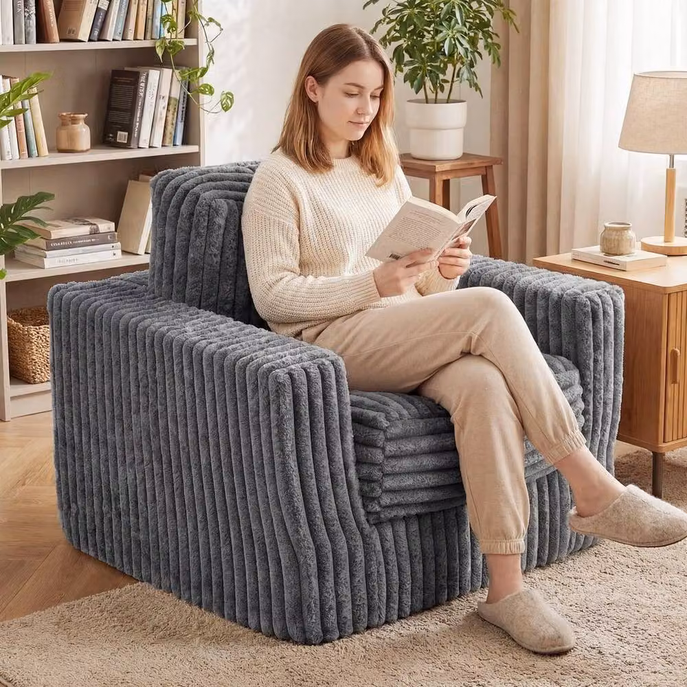 Hinsinc Grey Furry Boneless Single Foam Sofa for Small Spaces – 4