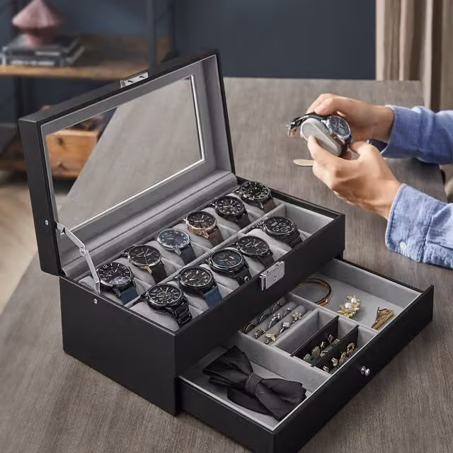 SONGMICS 12-Slot Watch Box with Glass Lid and Drawer, Black