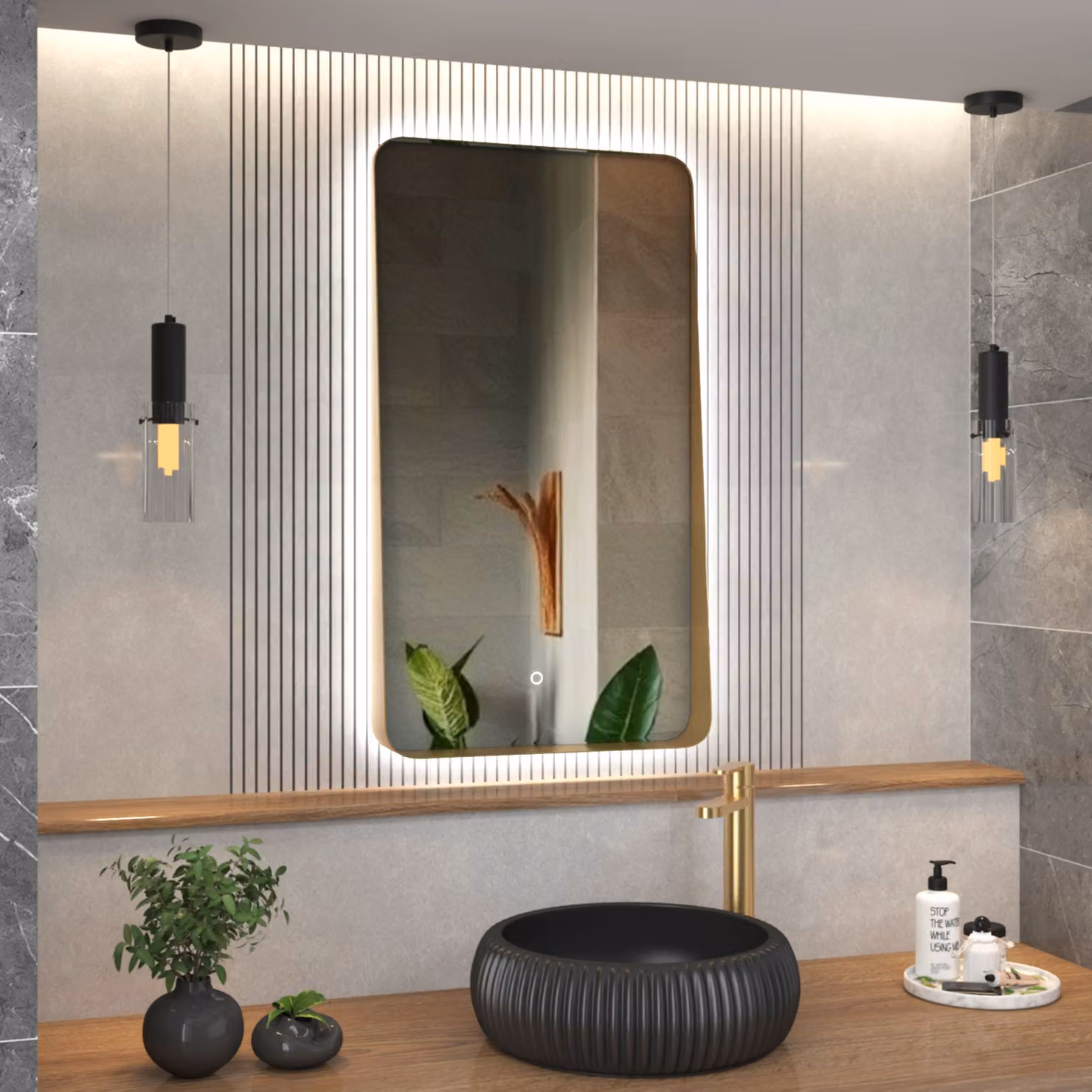 Royal Bathrooms Verona Backlit LED Illuminated Framed Mirror in Gold with Demister Pad and Touch Sensor, W: 90 cm, H: 90 cm, D: 5 cm