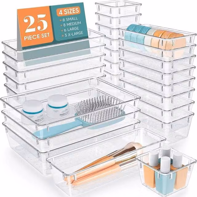 VOGREX 25 Piece Clear Plastic Drawer and Fridge Organiser Tray Set for Makeup and Storage