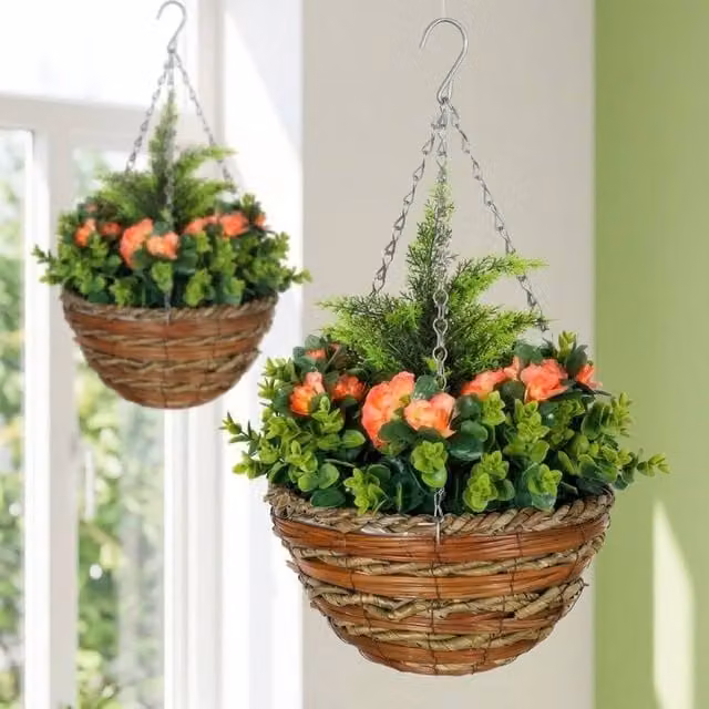 STILVORA Set of 2 Artificial Lisianthus Hanging Flower Pots in Orange