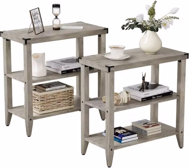 VOGREX Set of 2 Rustic Farmhouse 3-Tier Narrow Side End Tables in Grey and Black