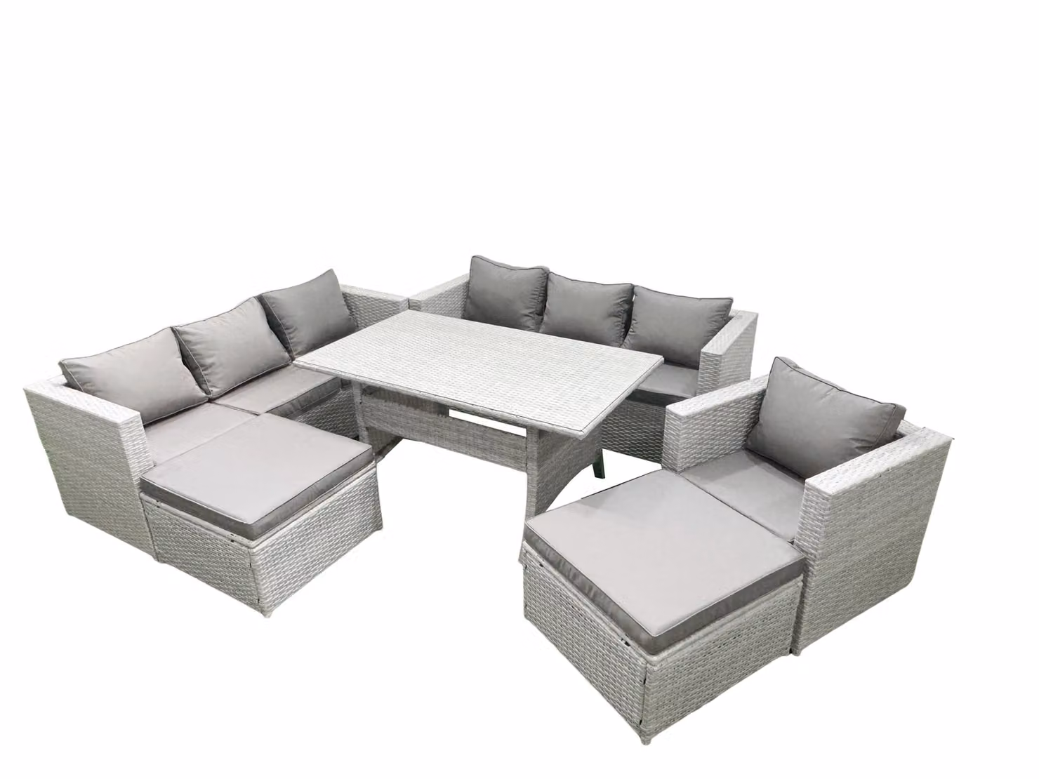 Fimous 7 Piece Outdoor Rattan Sofa Set with Cushions, Armchair, Dining Table and 2 Footstools in Light Grey – 2