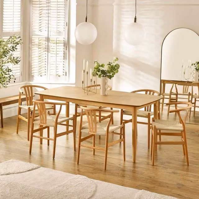 FurnitureboxUK Leif Oak Effect Wood Extending Rectangular Dining Table and 6 Caia Wishbone Dining Chairs in Brown