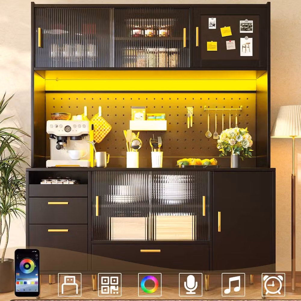 STILVORA Modern Tall Storage Cabinet in Black with Integrated LED Lighting and Sliding Glass Doors – 2