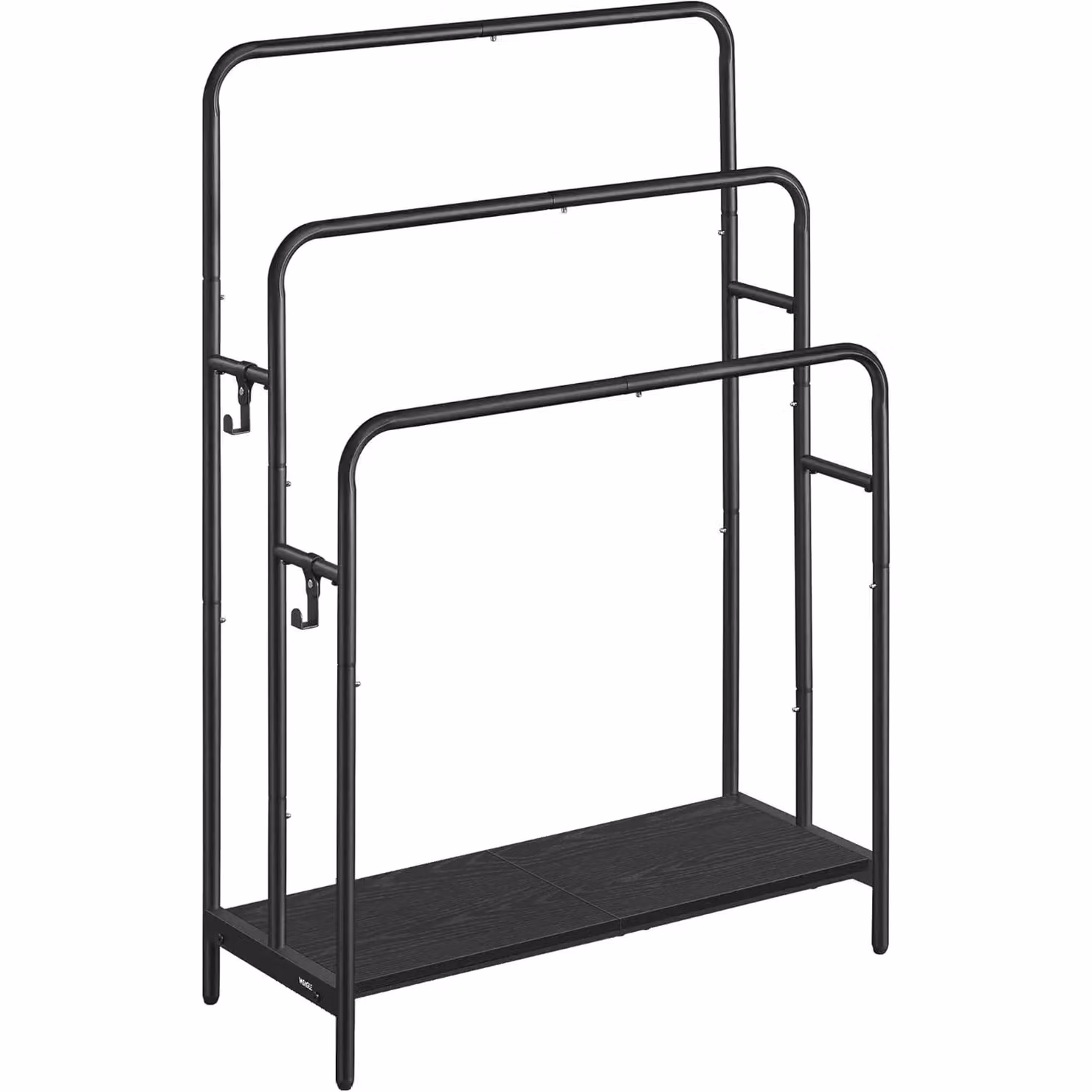 SONGMICS Large Freestanding 3-Bar Towel Rack with 2 Hooks and Storage Shelf in Matt Black – 3