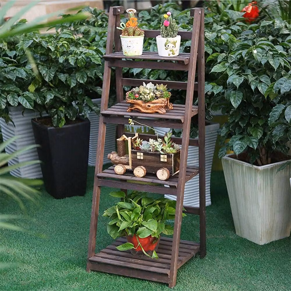 EONLION 4 Tier Foldable Wooden Plant Stand in Brown Rustic Ladder Style – 3
