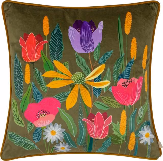 House Of Bloom Celandine Floral Velvet Square Cushion in Yellow and Green