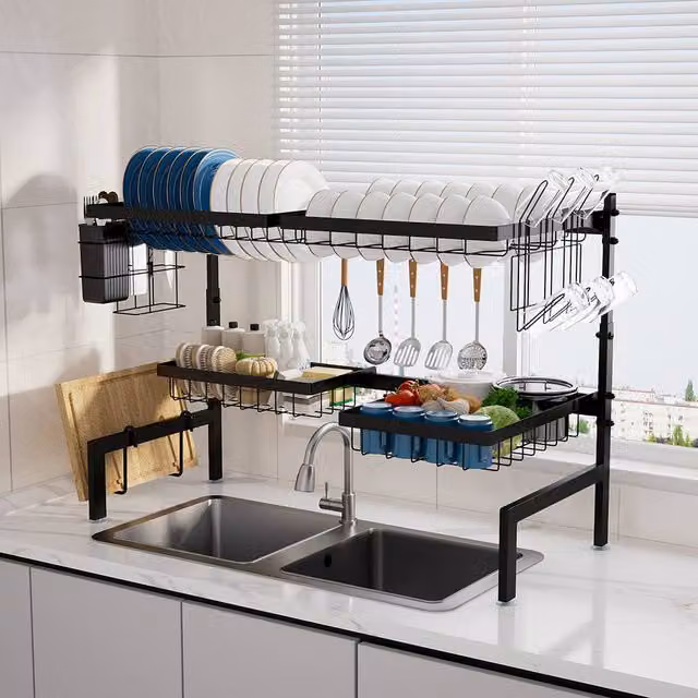 Levede 2-Tier Expandable Over the Sink Dish Drying Rack in Black with Cutlery and Cup Holders