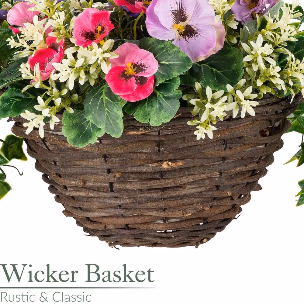 Christow Artificial Pansy Wicker Hanging Basket in Purple and Multicolour, Diameter: 25 cm – 4
