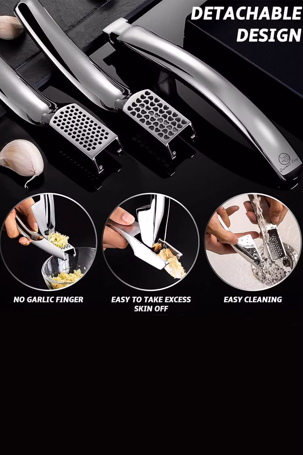 Gourmet Easy Stainless Steel Garlic Press with Two Detachable Handles for Fine and Coarse Mincing in Silver – 3
