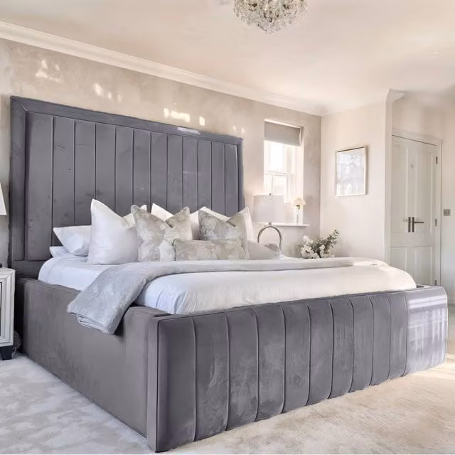 UK Bed Furniture Geneva Super King Upholstered Velvet Bed Frame in Grey, W/D/H: 200 x 200 cm