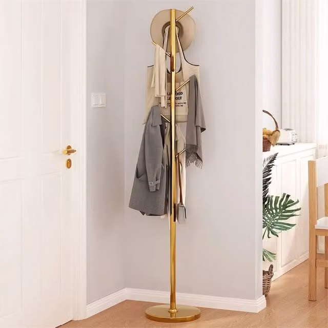 Nordara 8-Hook Metal Floor Standing Clothes Rack in Glossy Gold