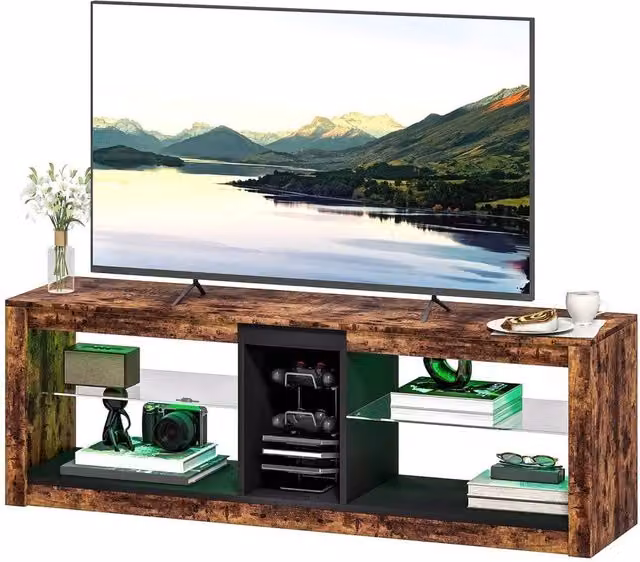 PAWNORA Modern Brown TV Stand and Entertainment Centre with Integrated Lighting and Media Compartments, W: 100 cm, D: 15 cm