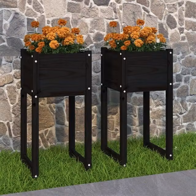 Berkfield Home Set of 2 Black Wooden Raised Garden Planters in Pine, W/D/H: 40 x 40 x 81 cm