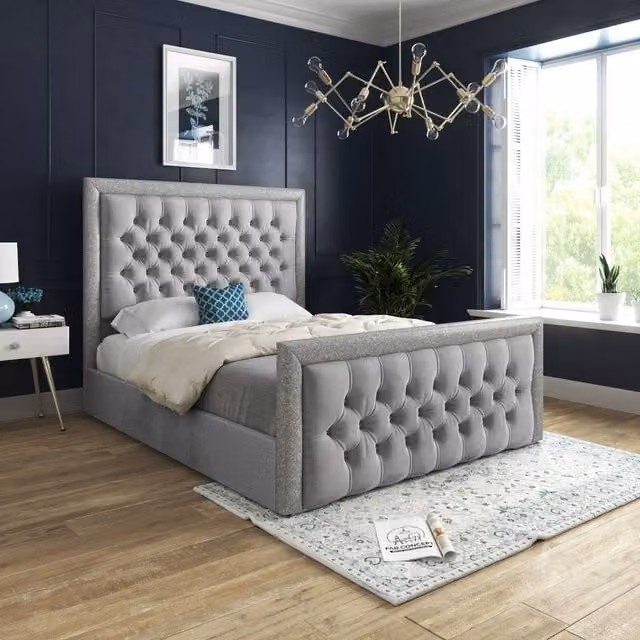 Casani Venice Small Single Upholstered Soft Velvet Bed Frame with Glitter Border in Grey