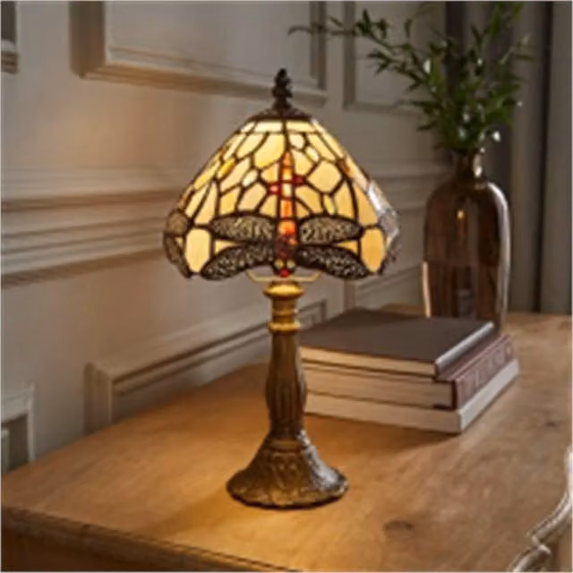Nordara Tiffany Style Mosaic Stained Glass Table Lamp in Brown and Multicolour with Brass Details