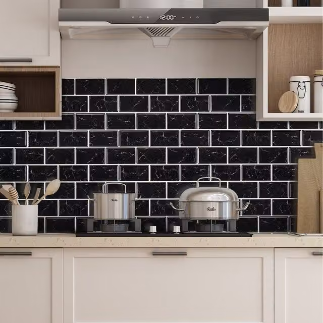 Livingandhome 10-Piece Black Marble Effect Adhesive Wall Tile Stickers