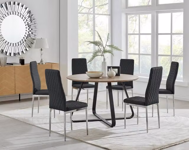 FurnitureboxUK Santorini Round Brown Wood Effect Dining Table and 6 Black Milan Chrome Leg Chairs – 1