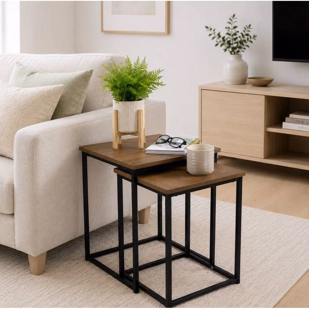 FORGEVIO Square Nest of 2 Industrial Tables with Brown MDF Wood Tops and Metal Frame – 3