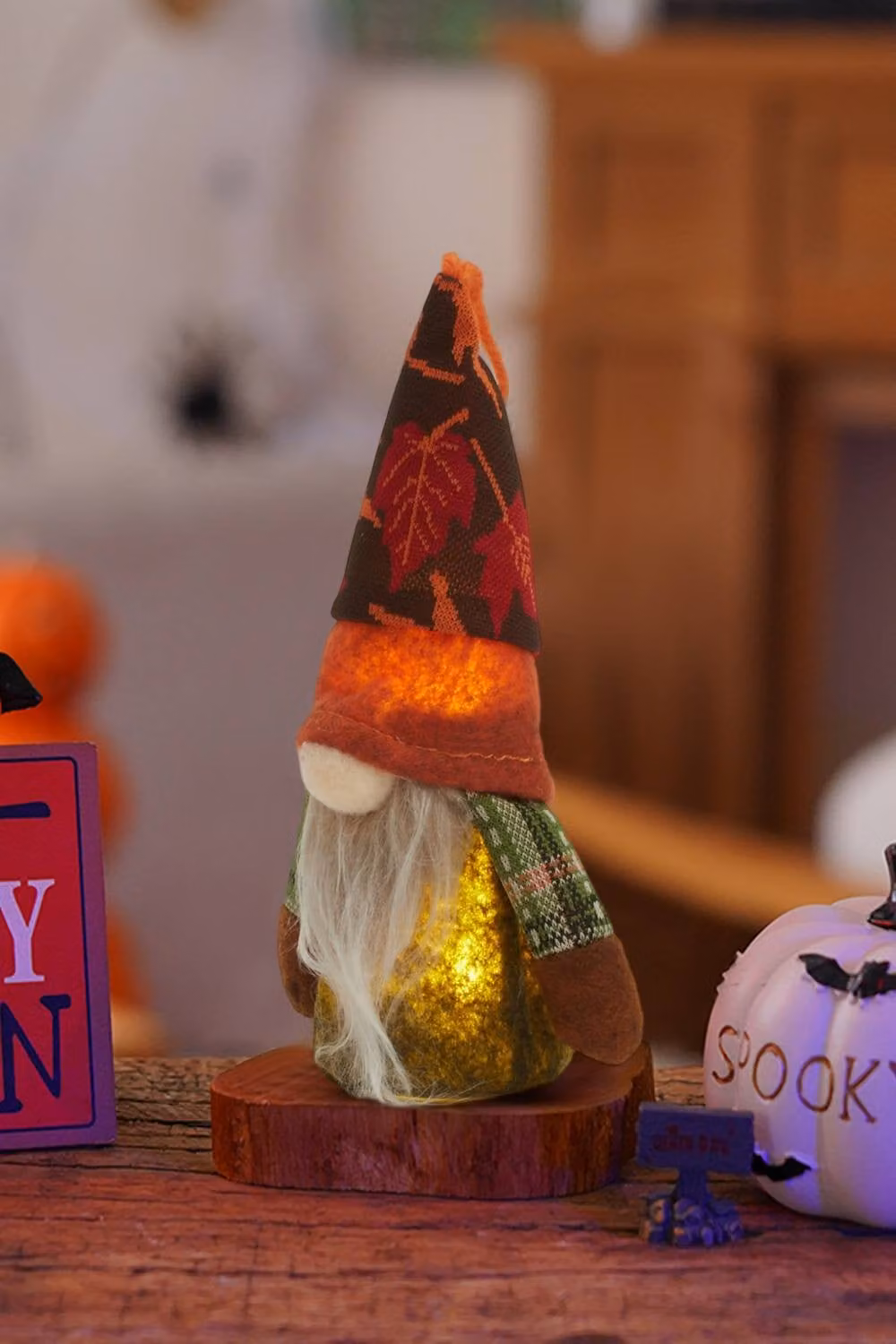 Garden Sanctuary LED Thanksgiving Harvest Maple Gnome Plush Doll in Orange – 2