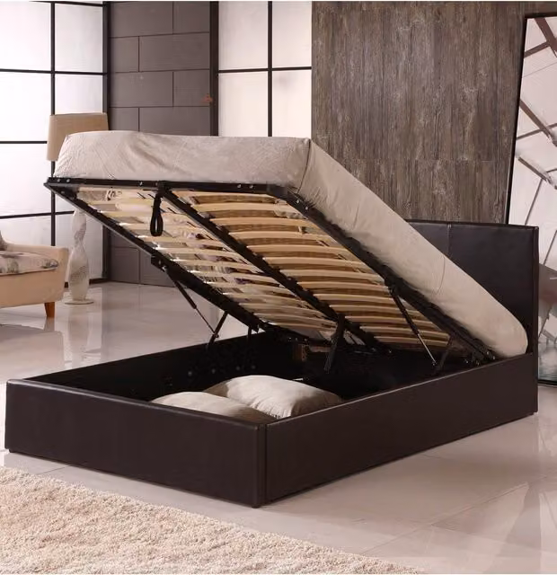 Modernique Ottoman Double Storage Bed in Brown Faux Leather with Gas Lift Base, W/D/H: 180 x 200 cm – 1
