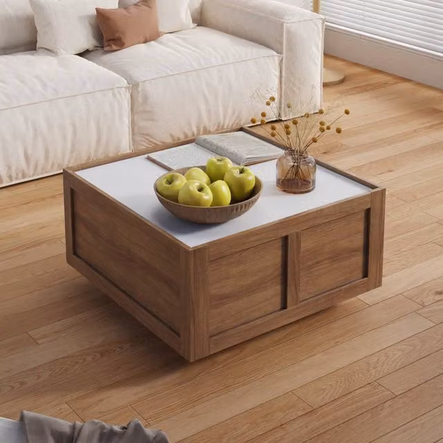 KEEPREAPER Mid-Century Farmhouse Square Coffee Table with 2 Storage Drawers in Light Brown – 1
