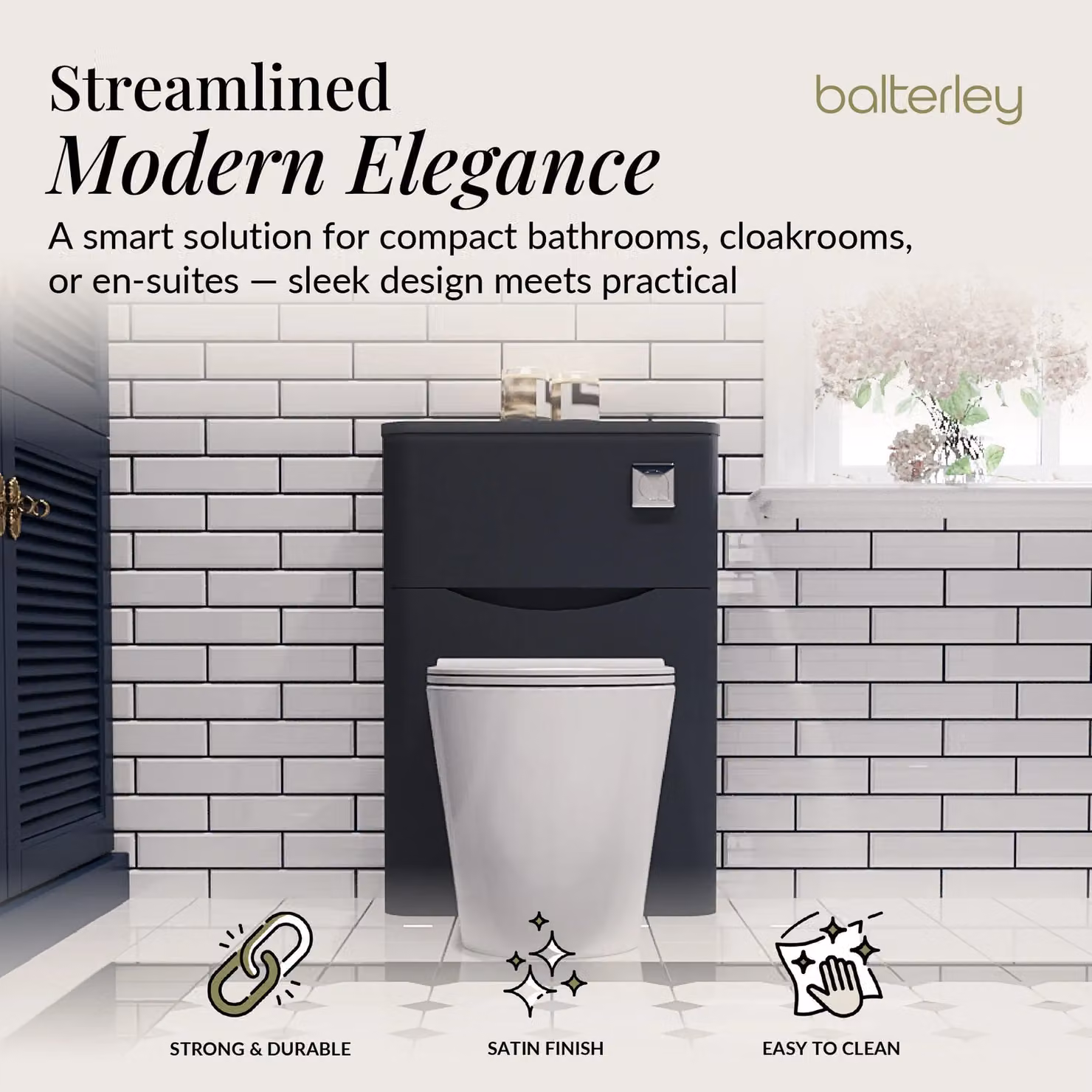Balterley Modern Straight Bathroom Floor Concealed Cistern Toilet Unit in Matt Grey, Width: 55 cm – 2
