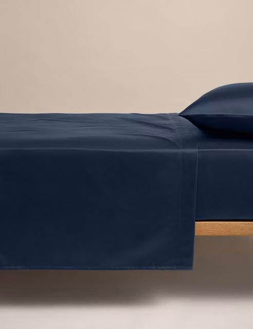 M&S Egyptian Cotton 400 Thread Count Mako Satin Silky Flat Sheet, Navy Blue, W: 200 cm x L: 200 cm