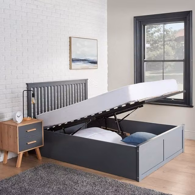 Home Treats Grey Upholstered Wooden Ottoman Bed Frame with Lift Up Storage, W/D/H: 180 x 200 cm