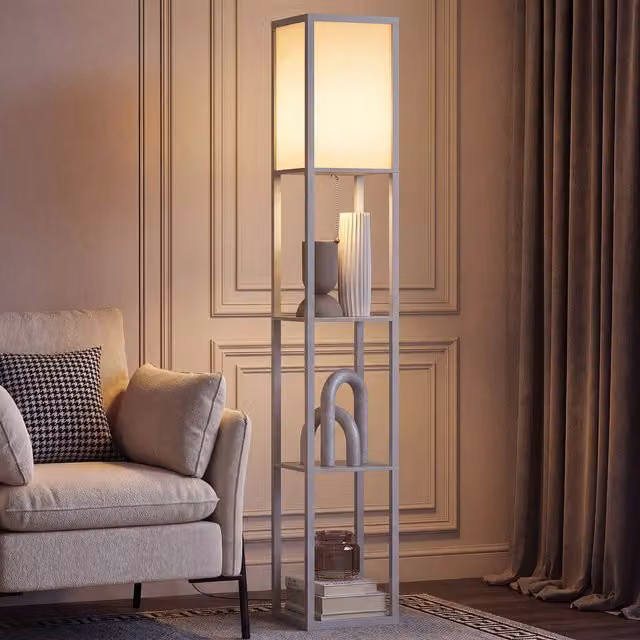 HOMCOM Modern 3-Tier Floor Lamp with Storage Shelves in Grey – 3
