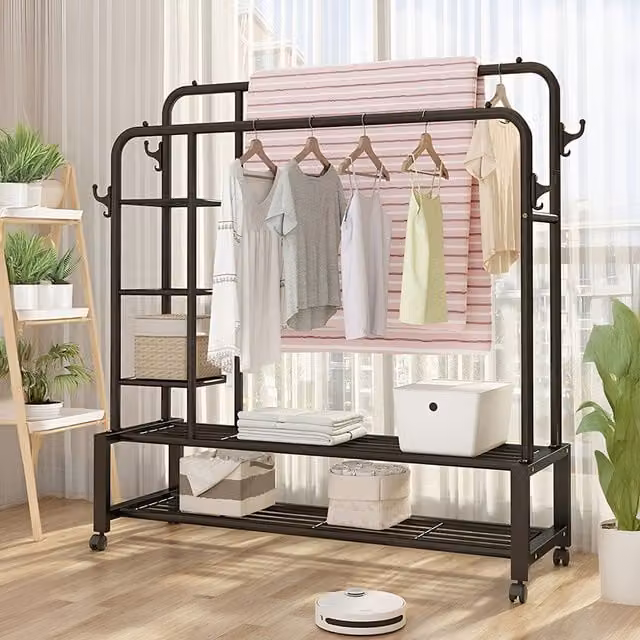 Livingandhome Modern Double-Rail Metal Clothes Rack with Bottom and Side Shelves in Matt Black