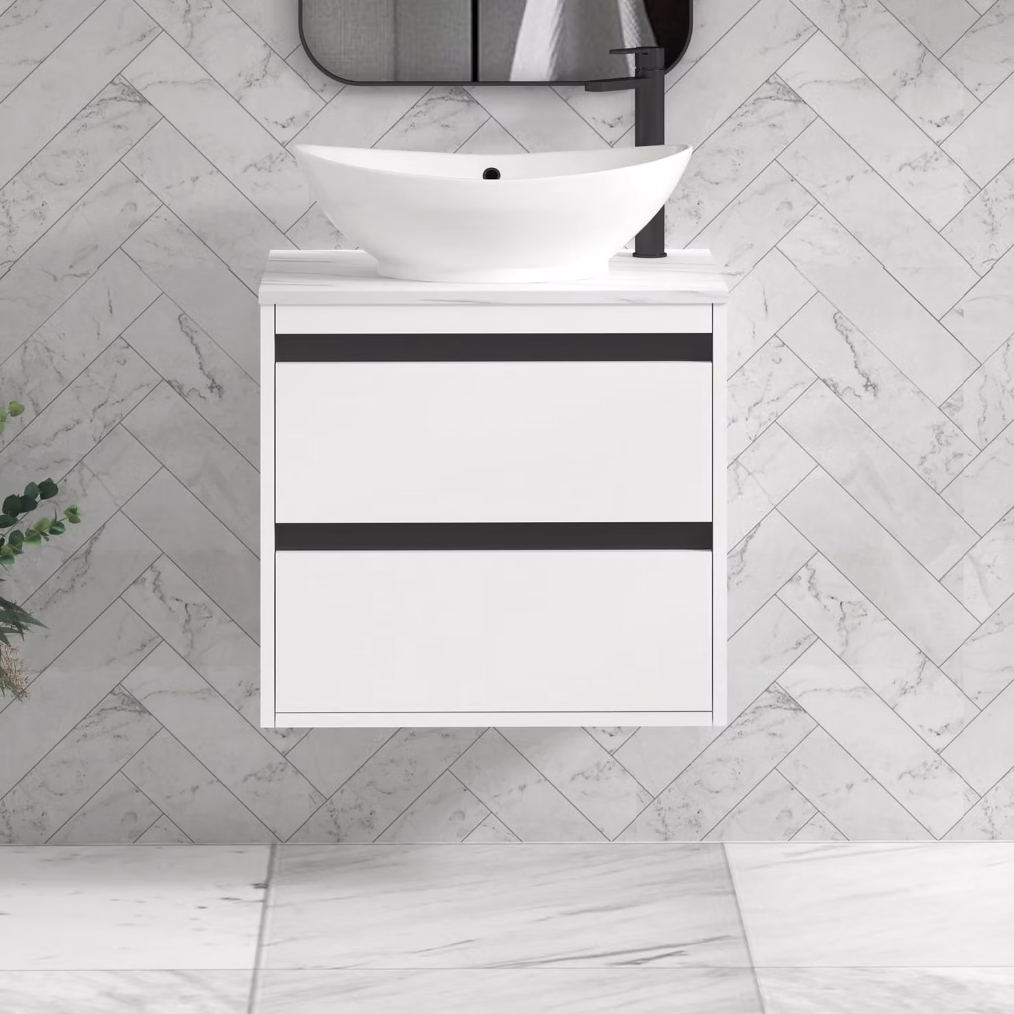Royal Bathrooms Orion 600mm Matt White Wall Hung 2 Drawer Vanity Unit with Amaze Basin and Black Accent Trim