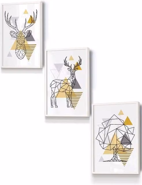 ARTZE Geometric Line Art Yellow Stags and Trees Framed Wall Art Set in White, W: 33 cm, H: 45 cm, D: 2 cm
