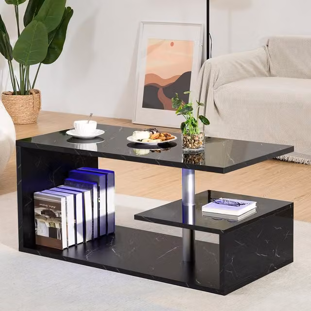 Comfy Living G-Shaped Abstract LED Coffee Table in Black and Marble Finish