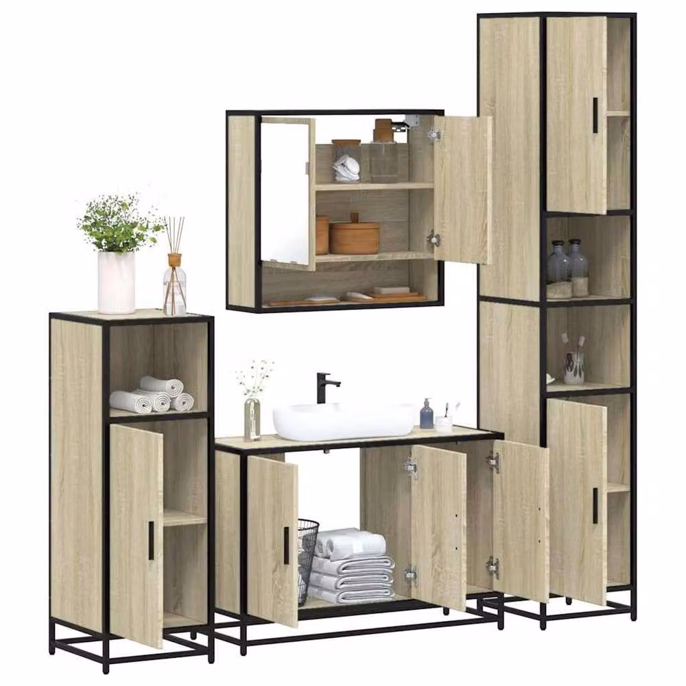Berkfield Home 4-Piece Industrial Bathroom Furniture Set in Sonoma Oak and Tan – 2