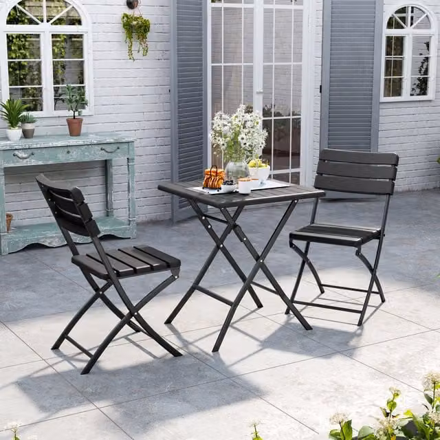 Livingandhome 3-Piece Black Modern Folding Garden Table and Chairs Set with Wood Grain Effect Plastic Top