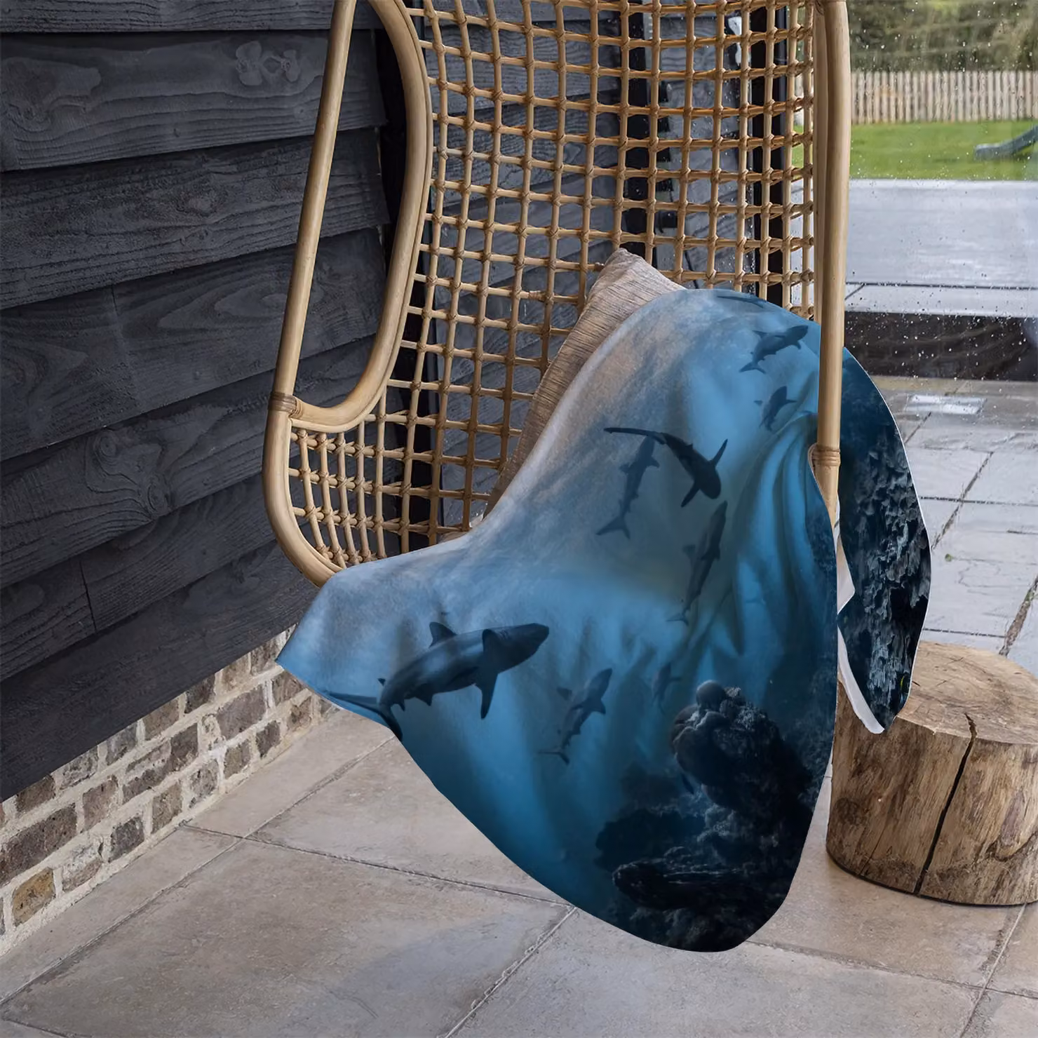 Benjamin Tate Design Schooling Grey Reef Sharks Fleece Blanket in Blue, Sand and Beige, W/D/H: 120 x 150 cm – 3