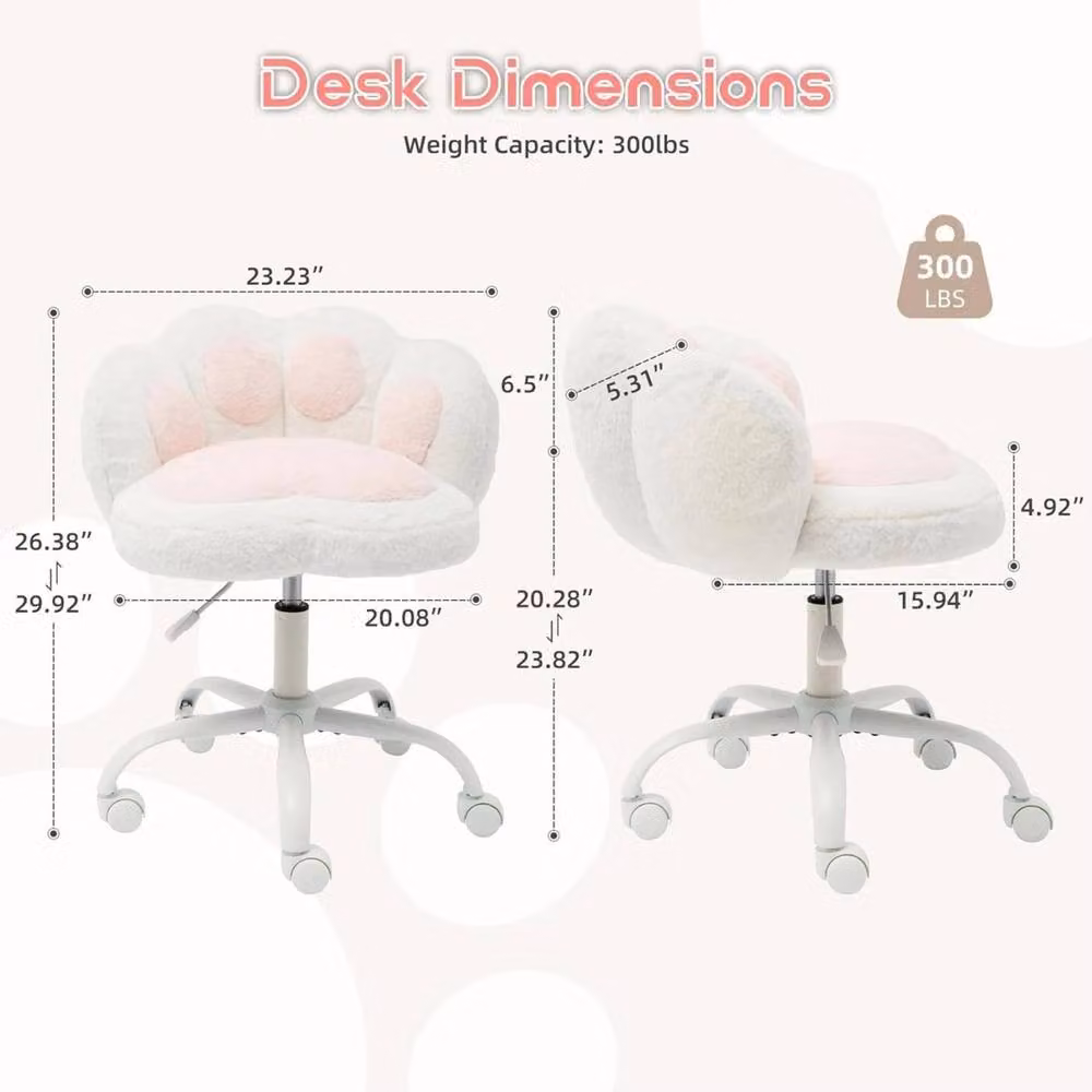 VOGREX White Teddy Furry Cat Paw Back Vanity Chair with 360 Degree Swivel and Castors – 2
