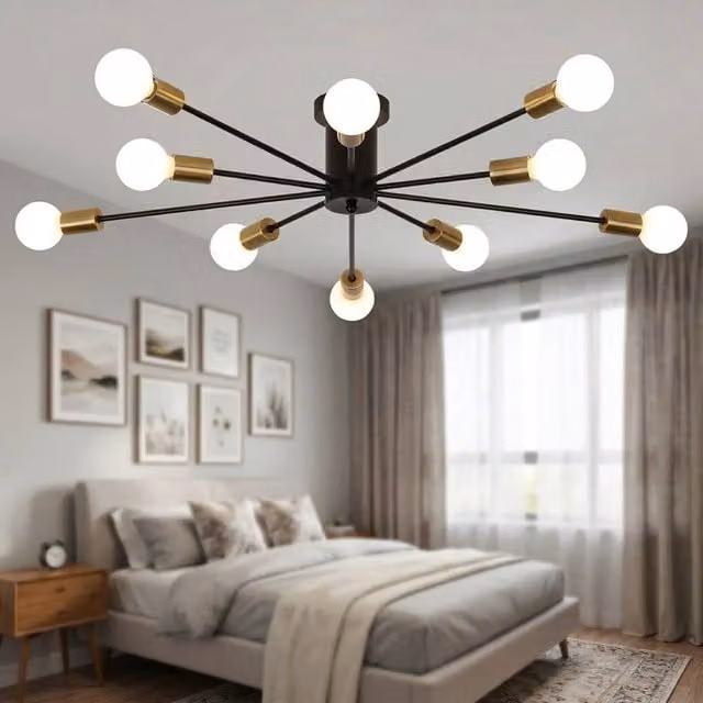 NIVOR Mid Century 10-Light Sputnik Chandelier in Black and Gold/Brass with E27 Ceiling Lamp – 1